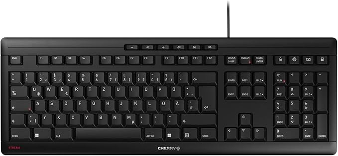 61u4YsZF9SL._AC_SX679_ CHERRY Stream Keyboard, Wired Keyboard, German Layout (QWERTZ), Whisper Quiet Keystroke, Unique Typing Feel, Flat Design, Black - Image 1